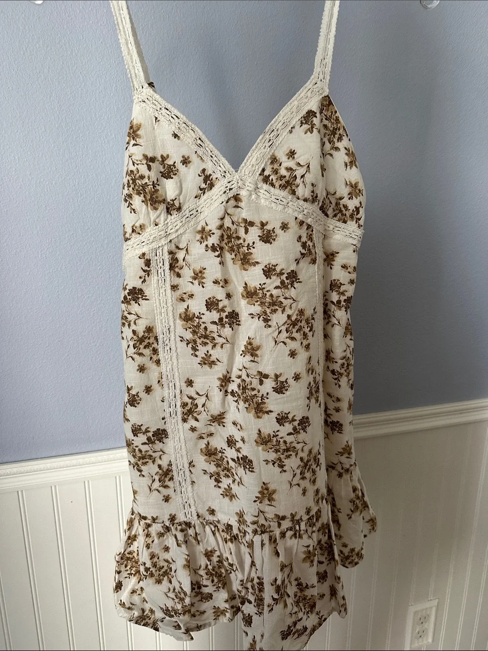 No Boundaries 100% Cotton Cream Floral Mini Dress with Brown Print